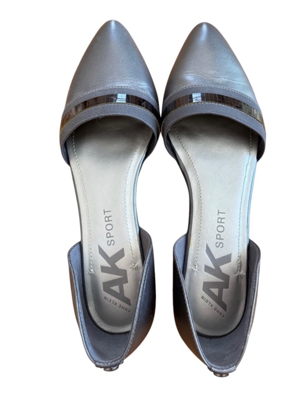 Anne Klein Sport Onmyway d’Orsay Pewter Leather Metallic Pointed Toe Flats, 8